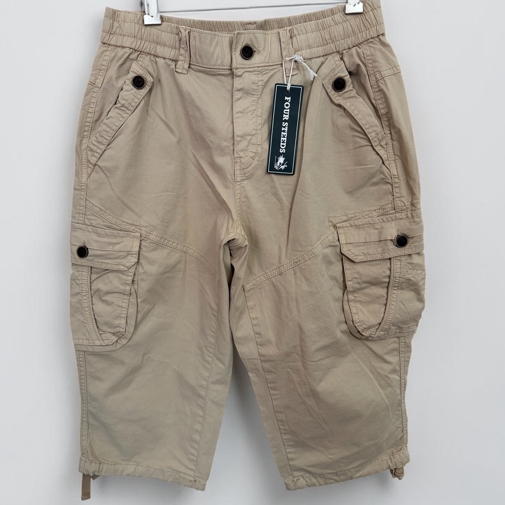 NWT Four Steeds High Rise Khaki Cargo Capri Pants Stretch Cotton Utility Crop L